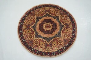 3 x 3 ft Red Mamluk Turkish Hand Knotted Medallion Round Rug - Picture 1 of 14