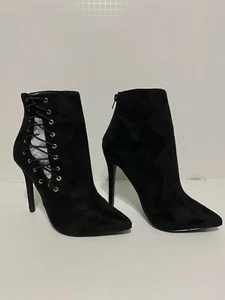 Mujeres Talla 8 Negro Gamuza Con Cordones Stiletto Botines Punta Punta Cremallera Tacón NUEVO - Imagen 1 de 4
