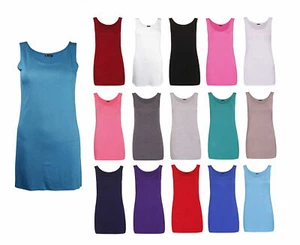 Womens Scoop Neck Sleeveless Ladies Long Stretch Plain Vest Strappy T-Shirt Top - Picture 1 of 14