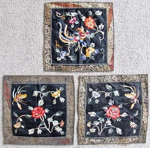 3 Chinese Embroidery Silk Rank Badge Style Panels with Butterflies & Phoenix - Picture 1 of 12