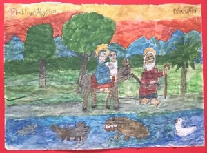 MAX RAFFLER "Flucht nach Ägypten" Naive Kunst, Aquarell über Bleistift, signiert - Bild 1 von 10