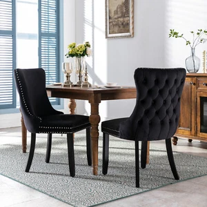 2xUpholstered Wing-Back Dining Chairs with Nailhead Trim Wood Legs Kitchen Black - Picture 1 of 9