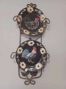 Rooster Decor Farmhouse Wall Hanging 2, 4” Plates On Wire Rack, Two Additional - Picture 1 of 2