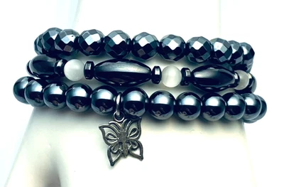 Lot 3 Pcs Natural Black Hematite Stretch Bracelets Butterfly Charm Faceted Oval - Image 1 of 4