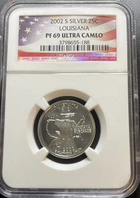 2002 S Silver Louisiana NGC PF69 Ultra Cameo State Quarter 25C Flag Label - Image 1 of 4