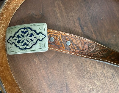 复古手工工具马鞍皮革男式皮带带蓝色 ^ 银色扣大号 — 第 1/4 张图片