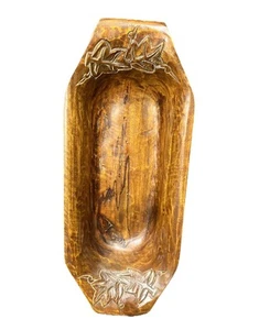 Vintage handgeschnitzte Brotschale Holz oval gravierte Blätter an Griffen - Bild 1 von 17