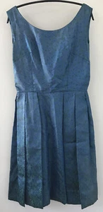 Vintage 60s Blue Green Floral Handmade Silk Pleated Flare Dress 36“ Chest Small - Picture 1 of 6