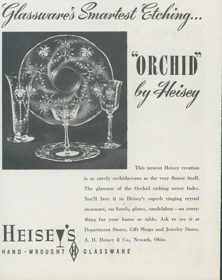 Cristalería Heisey 1941 patrón de orquídea grabado forjado a mano anuncio impreso vintage LHJ3 Foto 1 de 1