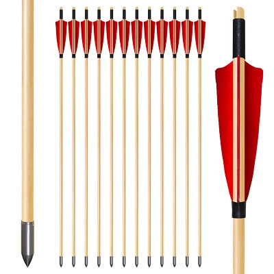 24Pcs Handmade 33" Traditional Wooden Arrows Red Shield Feather Recurve Longbow - Image 1 of 4