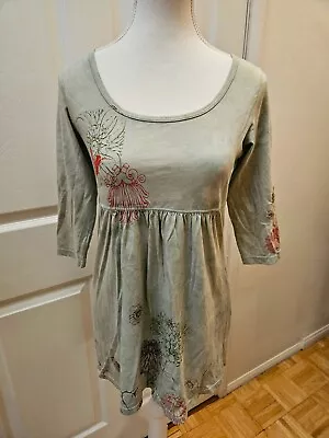 Новый винтажный Y2K GLIMA зеленый красный птица печати цветочный хлопок туника блузка Топ S - Изображение 1 из 4