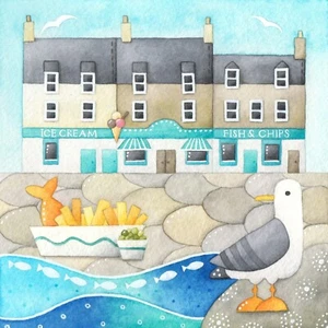 Framed Seagull Print. Seaside Painting. Fish and Chips at Anstruther, East Neuk - Picture 1 of 15