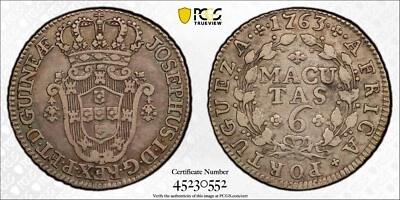 1763 Angola 6 Macutas PCGS XF40 Pop 1/0 Finer Rare Key Date Very Pleasing   2013 - Image 1 of 4