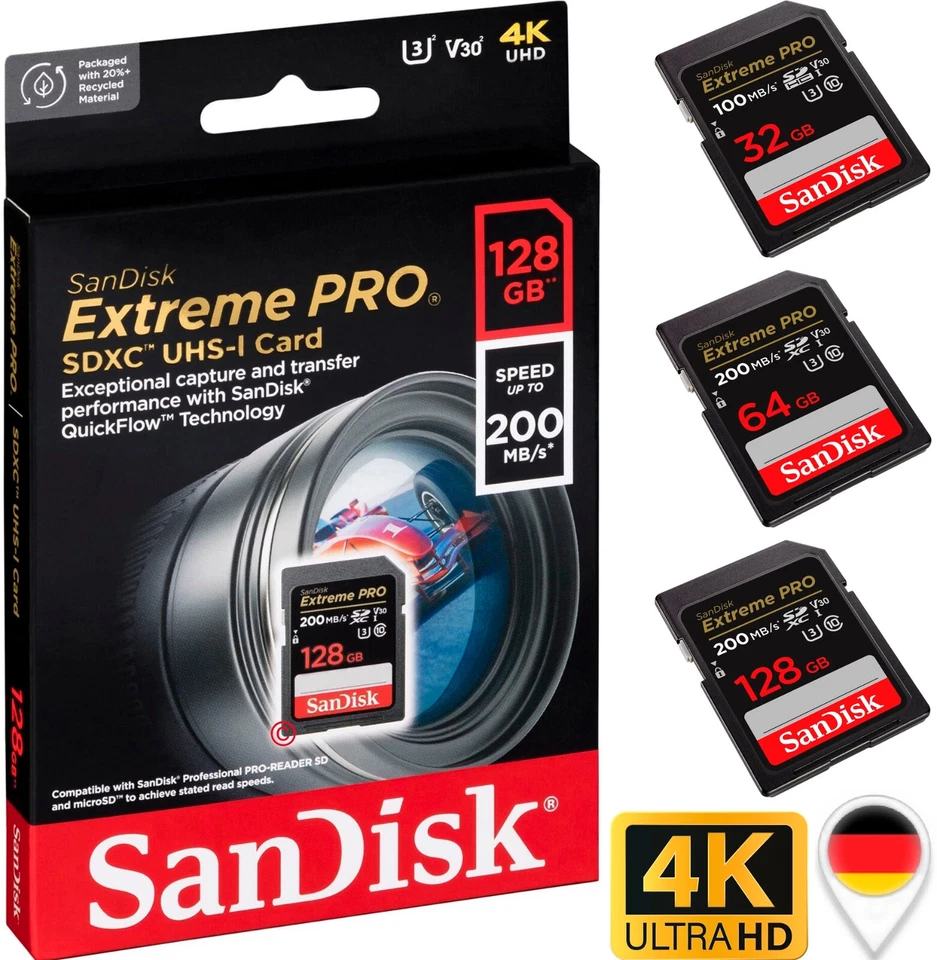 SanDisk Extreme PRO SD Speicherkarte 32GB 64GB 128GB 256GB 4K Professional - Bild 1 von 1