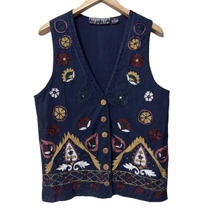 NY Line Womens Size M Bohemian Boho Embroidered Wood Button Adjustable Vest Top - Picture 1 of 17