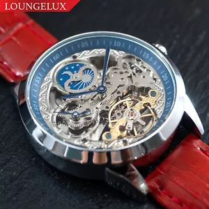 Mens Silver Dual Time Skeleton Automatic Mechanical Watch Red Leather Band - Picture 1 of 12