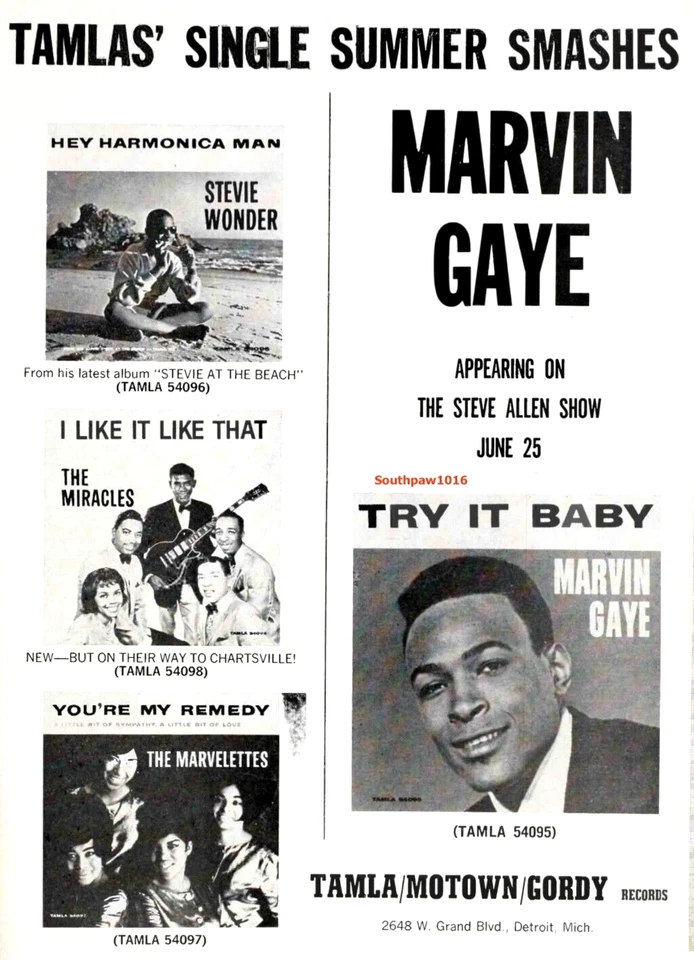 1964 Tamla/Motown 'Marvin, Stevie, Miracles, Ronnettes' Summer Release Ad Print - Image 1 of 1