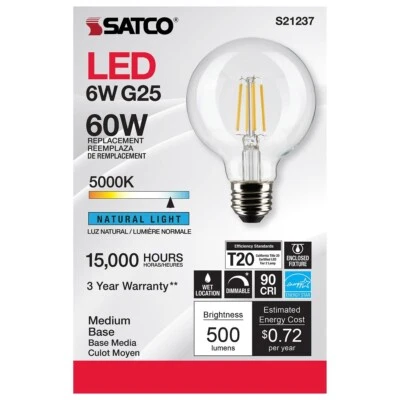 SATCO S21237 - 6 Watt G25 LED Candelabra Bulb - 5000K - 120 Volts (6 Pack) - Image 1 of 4