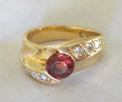 Кольцо из чистого 14-каратного желтого золота со спессартином гранатом и бриллиантами — 6,88 г, размер 6, 1,08 карата - Изображение 1 из 4