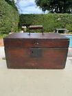 Antique Primitive 19th Century Wood Tool Box with Painted Edges, Handle and Lock