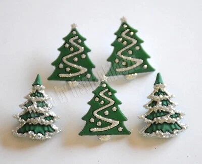 5 Glitter Trees / Holiday Tree Shank Back Craft Buttons w Glitter Finish - Image 1 of 2