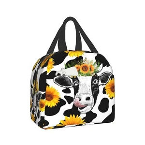 Sunflower Cow Print Portable Lunch Tote Bag Reusable Cute Lunch Box for Men o... - Picture 1 of 9