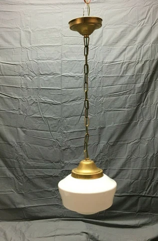 Antique 12" Schoolhouse Bank Ceiling Light Milk Glass Globe VTG Metal 184-22B Cover