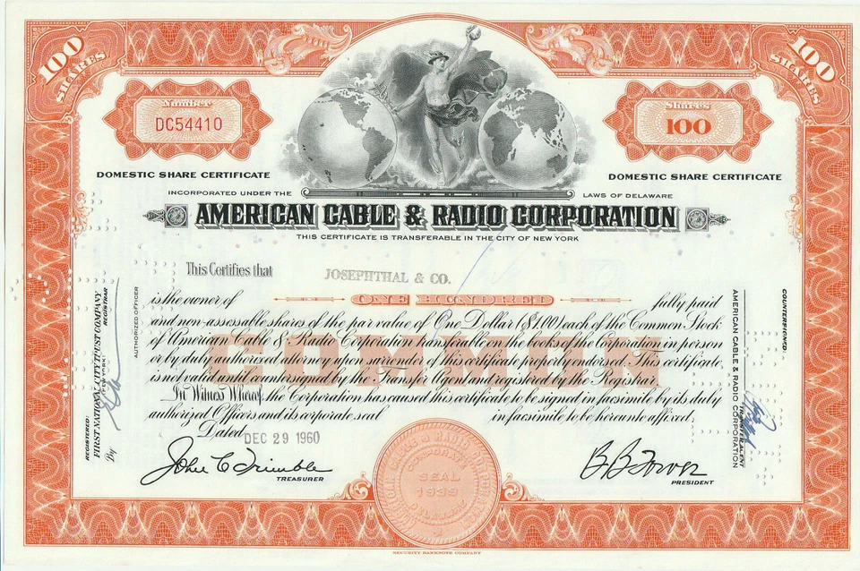 Certificado de stock de American Cable & Radio Corporation Foto 1 de 1