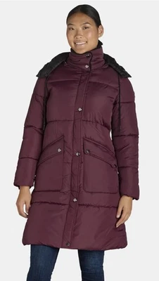 Abrigo acolchado largo grueso Big Chill para mujer con capucha talla grande 2X ciruela borgoña nuevo Foto 1 de 4