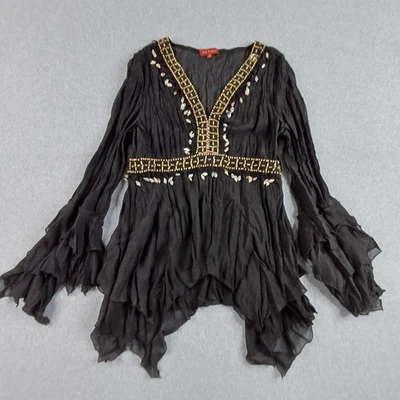 Boo Radley Top Womens Black Medium Gypsy Shells Embellished Bell Sleeve Festival - image 1 of 4