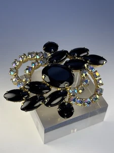 Stunning Vintage Black Glass & AB Rhinestone Brooch Pin Elegant Statement - Picture 1 of 14