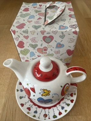 Tea for One Set Teekanne Tasse Untersetzer - Schmetterlinge Herzen Blumen NEU - Bild 1 von 4