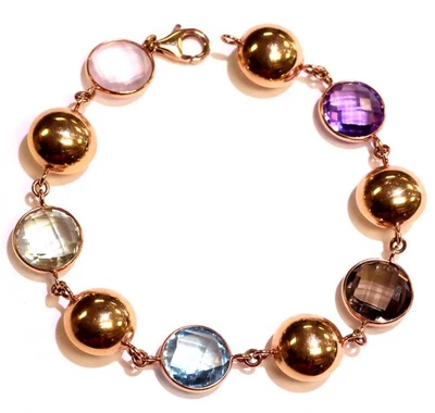 Brazalete de piedras preciosas topacio azul amatista cuarzo rosa ahumado oro rosa 14k 16g 8,5" Foto 1 de 4