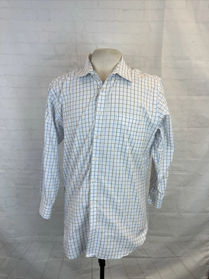 Paul Fredrick Men's White Blue & Brown Plaid Cotton Dress Shirt M $108 - Image 1 of 4