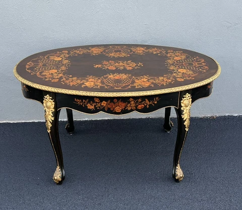 victorian 1870s signed Alexander Roux parlor table/desk. Marquetry  Inlay Cover