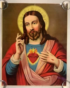Impresión de póster litográfico original del Sagrado Corazón de Jesús 16 X 20 finales de 1800’s - Imagen 1 de 13