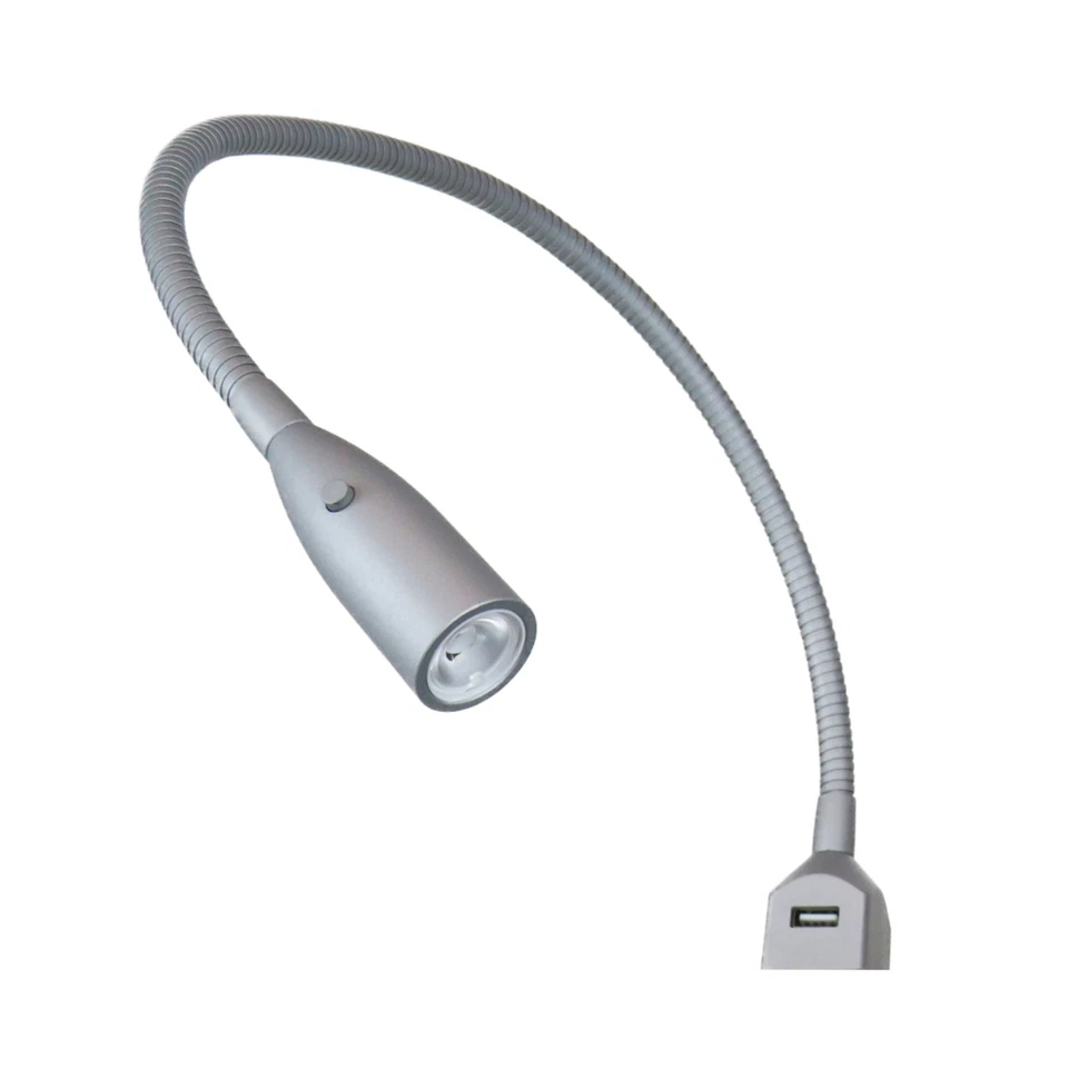 Flexible LED-Bettleuchte/-Leseleuchte + USB Ladefunktion alu eloxiert/silbergrau - Bild 1 von 1