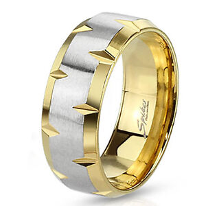Stainless Steel Mens 8MM Yellow Gold Plated Beveled Edge Wedding Band Ring 9-13