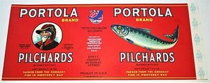 2 Portola Brand Pilchards Fish Can food Label 1960s Monterey Bay NOS New - Bild 1 von 3