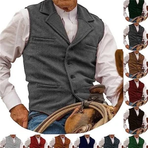 Mens Tweed Waistcoats Herringbone Vests Wedding Retro Casual Wool Business XS-3X - Picture 1 of 18