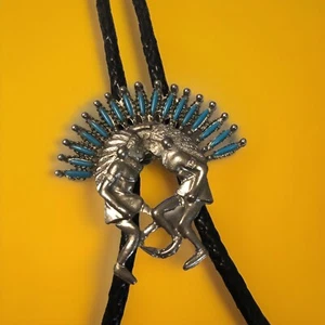 Native American Silver Tone Faux Turquoise Indian Chief Bolo Necklace Pendant - Picture 1 of 6