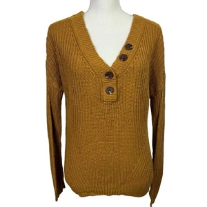 MAURICES Women’s Crop Ribbed Sweater Sz Medium Gold Color Button V-neck LS - Picture 1 of 11