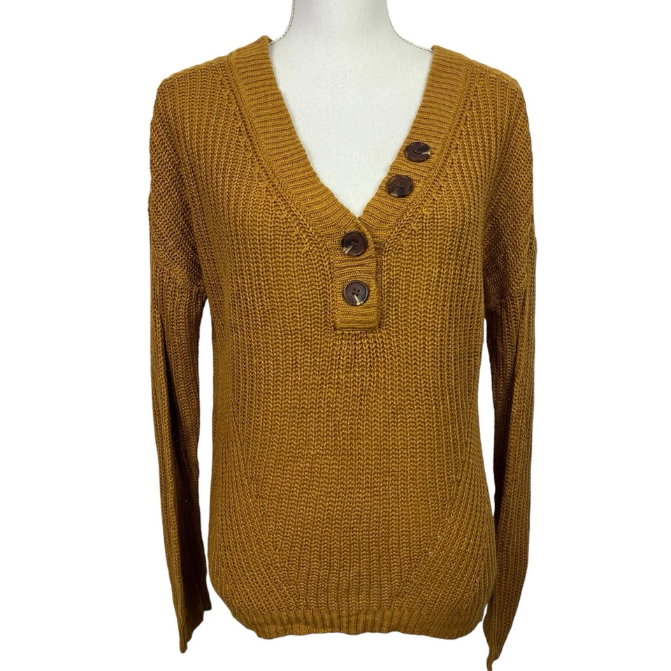 Suéter MAURICES Para Mujer Corto Acanalado Talla Mediana Color Dorado Botón Cuello en V LS Foto 1 de 4