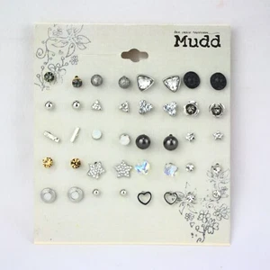 Mudd Earrings 20 Pairs Silver-tone Rhinestone Studs Stars Hearts Flowers - Picture 1 of 1