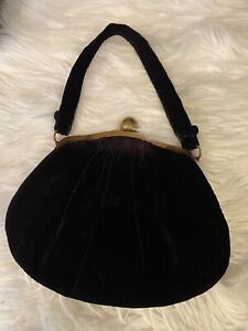 Vintage INGBER Black Velvet Clutch Kiss Lock Handbag Purse Velvet Handle