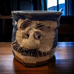 Vintage Ugly Face Mug Mustache Man Themed Hand Made Pottery 3.5" Tall - Picture 1 of 15