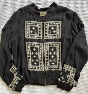 Flannel black silk embroidered zip up jacket - size 3 - Picture 1 of 10
