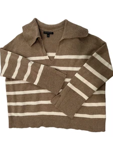 Zara Button High Collar Knit Sweater Womens Large Tan/Cream Stripe - Picture 1 of 7