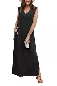 Women's Summer V-Neck Loose Split Casual Long Maxi Beach Dress with Pockets X... - Picture 1 of 6