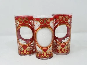3 Vintage MCM Culver Signed Gold and Red Regal Scroll Circle Tumbler Glasses Bar - Picture 1 of 18